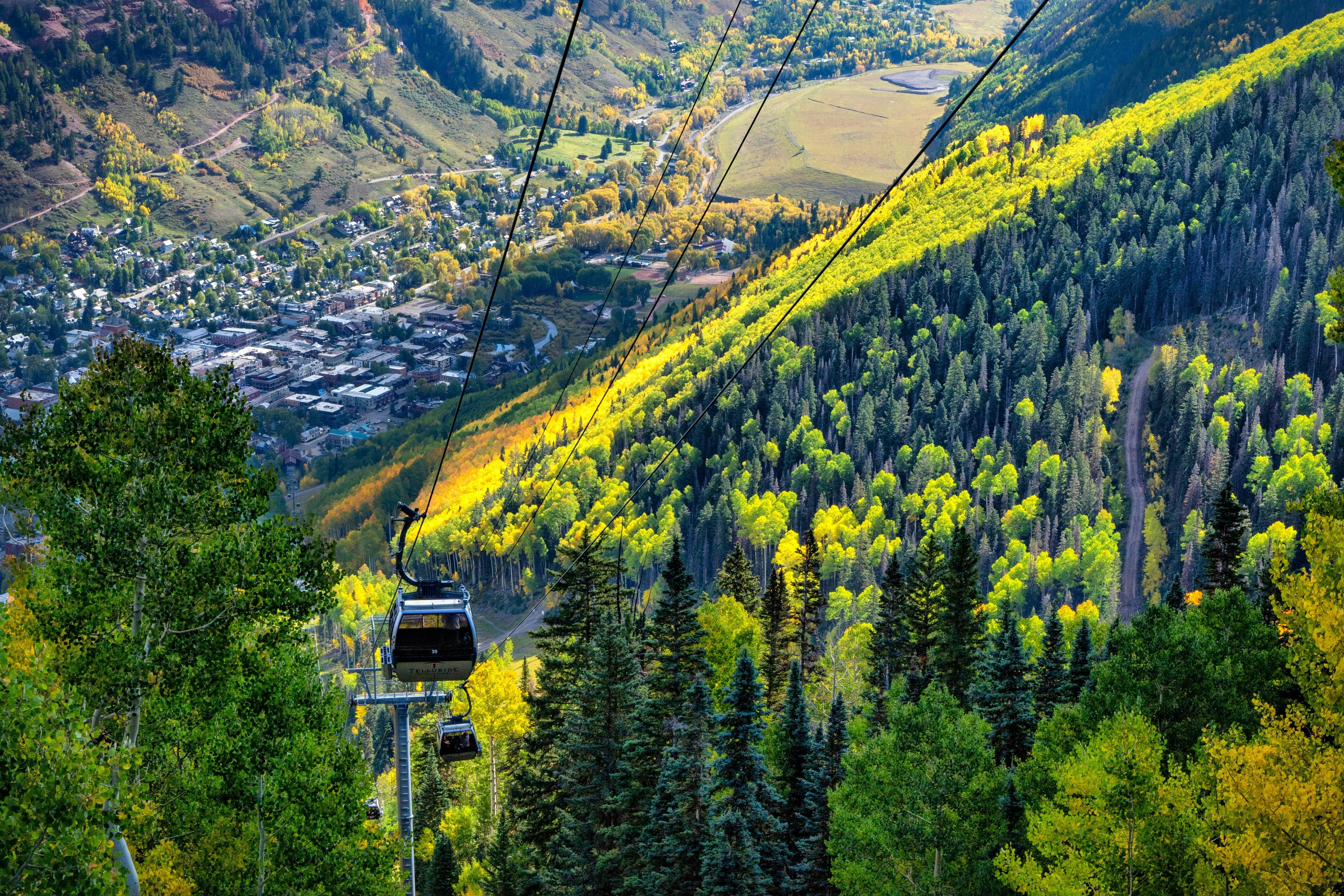 Gondola cabins above mountain terrain near Mountain Village